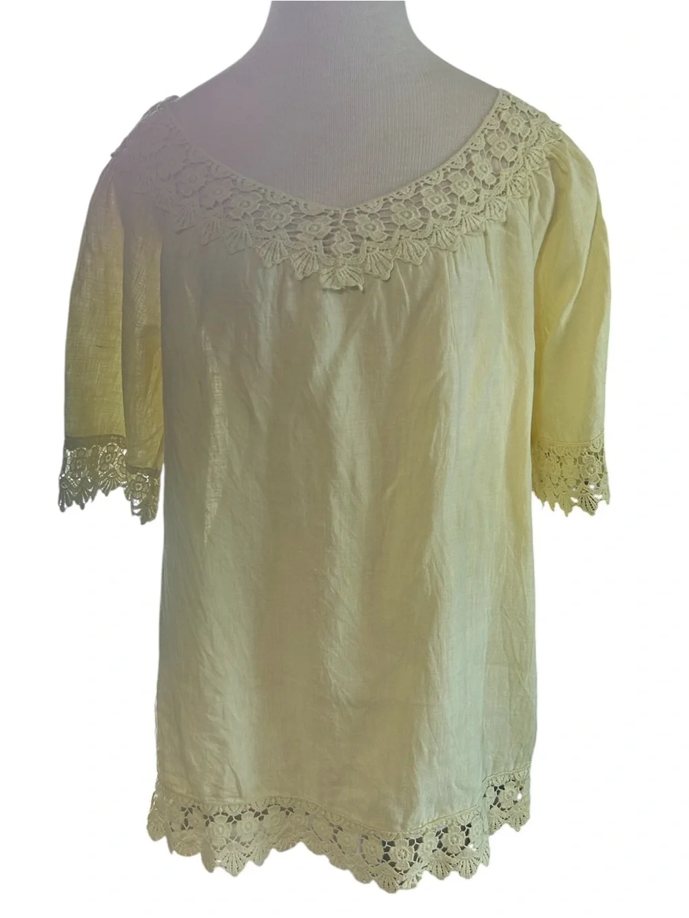 Piazza Roma Yellow Linen Lace Trim Boho Cottagecore Blouse Size L